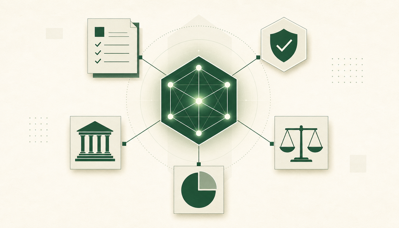 Abstract diagram of an AI governance core connected to compliance documents, shields, and regulatory checks